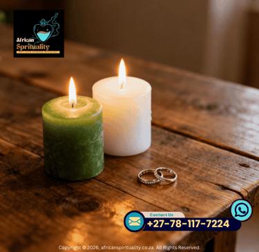 Two lit ritual candles and silver wedding rings on a wooden table for spiritual love spells.