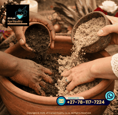 Traditional African spiritual healers mixing herbal earth powders in a clay ritual bowl.