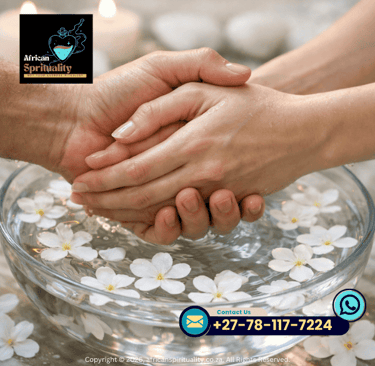 Healing hands holding over water with white flowers for African spirituality rituals and cleansing.