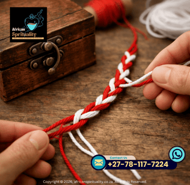 Hands braiding red and white spiritual protection cords on a rustic wooden table.