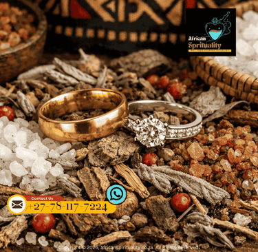 Gold and diamond wedding rings resting on sacred African herbs and ritual salts for spiritual marriage blessings.
