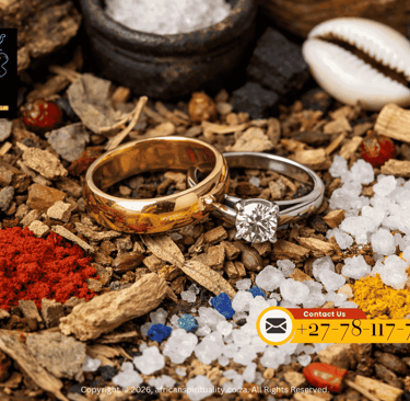 Gold wedding band and diamond engagement ring resting on traditional ritual herbs and colorful salts.