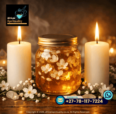 Healing ritual candles and a glass jar with golden liquid and flowers for African spirituality.