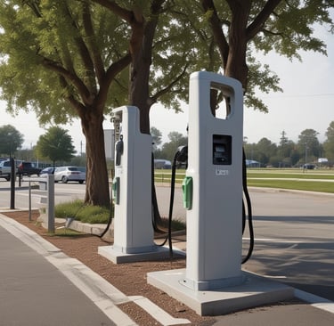 Electric vehicle charging station with several cars plugged in under a sunny sky.