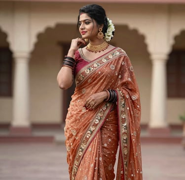 A close-up of an elegant saree draped gracefully with royal blue and gold accents