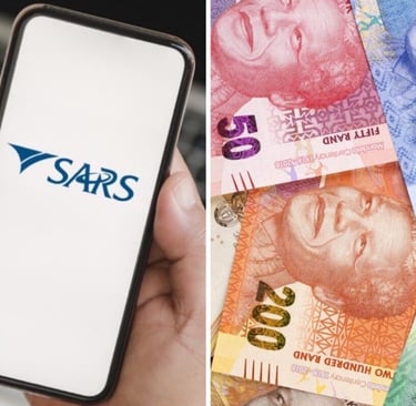 A smartphone displaying the SARS logo next to South African Rand banknotes for tax and finance concepts.