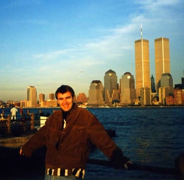 Karl Drury in New York: Karl photographed in New York City in 1991 with the Twin Towers in the background
