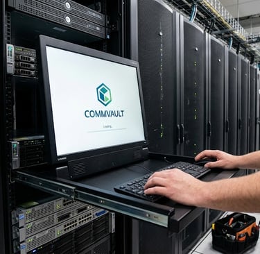 An IT technician manages a server rack using a monitor displaying the Commvault data backup software logo.