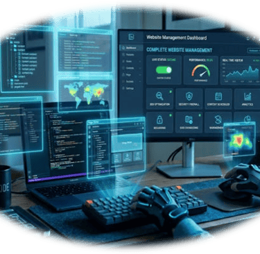 A developer using a website management dashboard with holographic coding windows and analytics data.