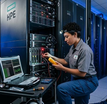 An IT technician performs maintenance on HPE servers in a high-tech data center using a diagnostic laptop.