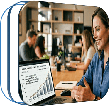 A smiling businesswoman analyzing an annual revenue growth chart on her laptop in a modern office.
