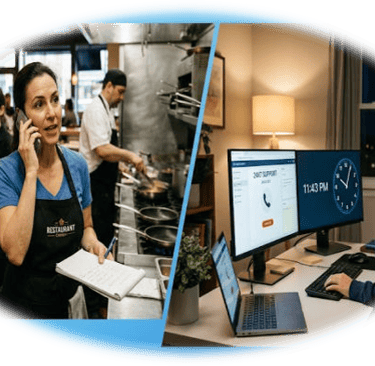 A restaurant manager on a call next to a 24/7 customer support representative working at night.