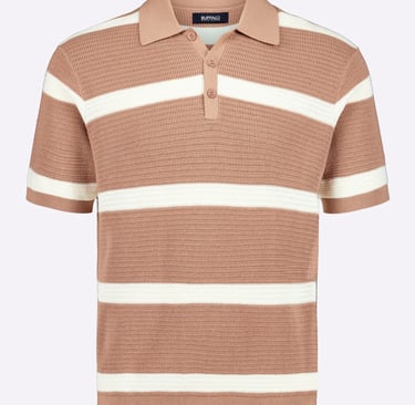 a brown and white striped polo shirt