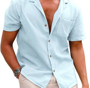a man in a blue shirt and tan pants