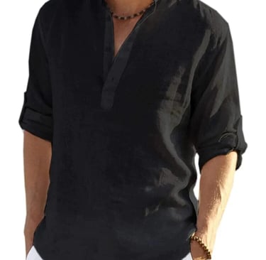 a man in a black shirt and white pants