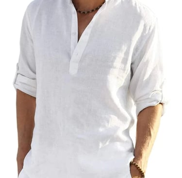 a man in a white Henley style shirt and shorts