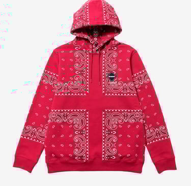 red hoodie with bandana pattern