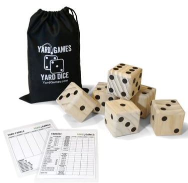 Yard Yahtzee and Farkel dice game with oversized wooden dice available for party rental in Indiana
