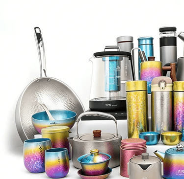 Custom anodized colorful titanium coffee mug, showcasing a vibrant iridescent metallic finish.
