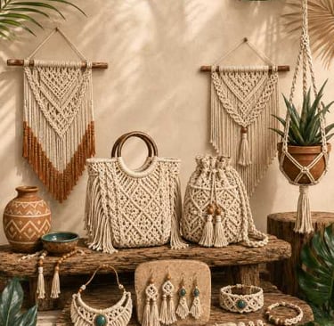 Accesorios de macramé boho hechos a mano que incluyen bolsos, joyas y tapices en estantes de madera 