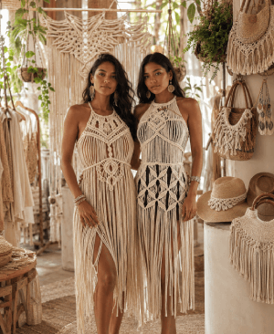 Dos mujeres con vestidos blancos de macramé con flecos de estilo bohemio en una boutique de estilo t