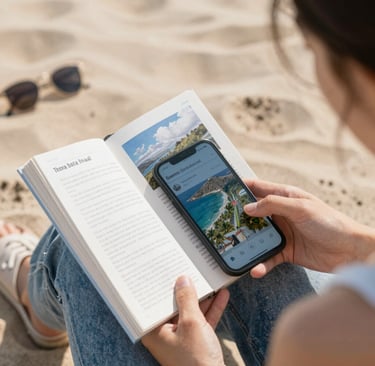 A cozy travel journal open on a wooden table with a cup of tea beside it, sunlight streaming through a nearby window.