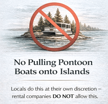 Warning sign for pontoon boat pulled onto rocky island.
