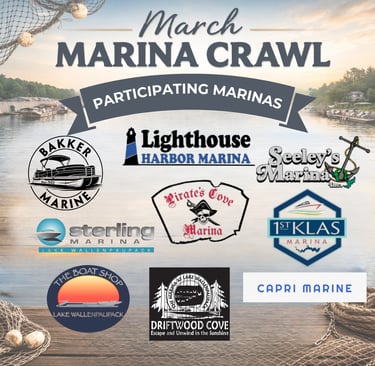 Promotional flyer for the March Marina Crawl featuring participating Lake Wallenpaupack boat marinas and local yacht clubs.
