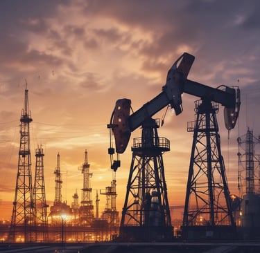 A focused professional analyzing AI-driven data dashboards on a laptop in an offshore oil rig control room.
