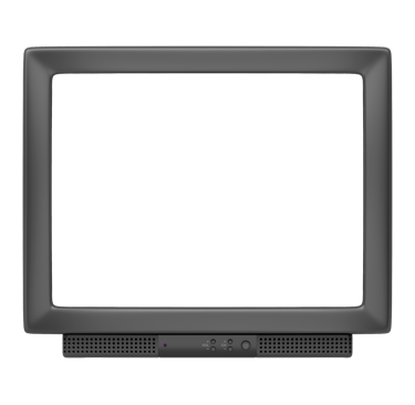 Vintage black CRT television monitor with control buttons and speaker grille isolated on black.