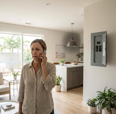 Concerned homeowner in a bright, modern Southwest Florida home calling an electrical company