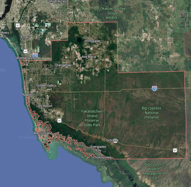Aerial satellite map of Collier County Florida highlighting Big Cypress National Preserve and Naples.