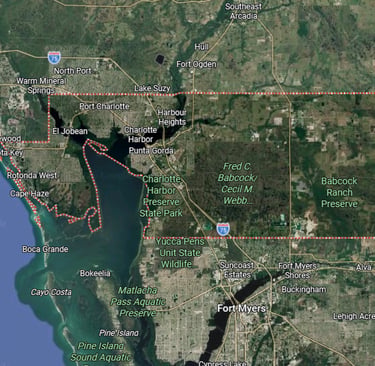 Aerial satellite map of Charlotte Harbor and Punta Gorda Florida featuring Babcock Ranch Preserve.