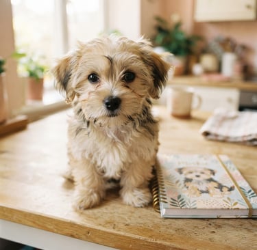 Close-up of a fluffy Morkie puppy looking at the camera, next to a printed Morkie puppy planner on a light wooden kitchen counter, soft natural window light, cozy pastel tones, shallow depth of field.