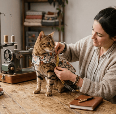 Diseño artesanal: Tomando medidas a gato para ropa de mascota a medida.
