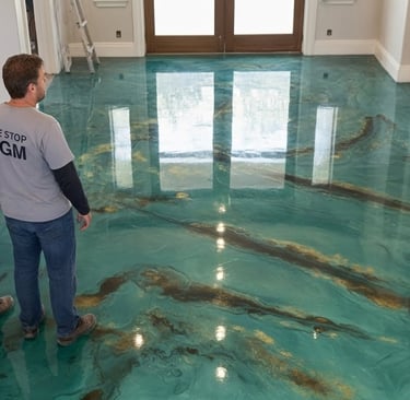 two men inspecting a green epoxy floor