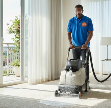 a man in a blue shirt is cleaning a carpet with carpet cleaner.