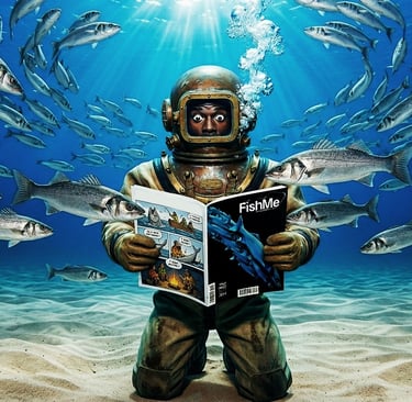 Scaphandrier lisant FishMe Magazine au fond de l'océan — magazine de pêche par Enzo Minardi