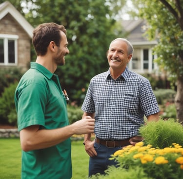 T&L Lawn Care employee talking with a customer.