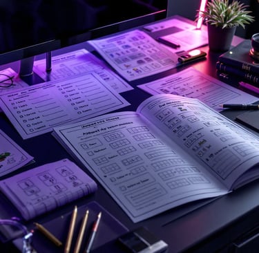 a desk with a laptop and a notebook with a pen and pencil
