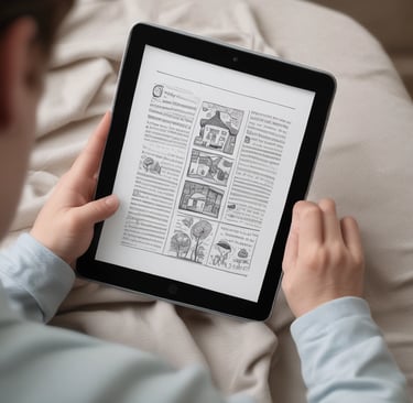 a person holding a tablet computer and looking at a book