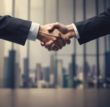 Close-up of hands exchanging legal papers with a courthouse in the background.