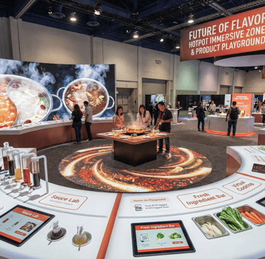 Modern hotpot immersive zone with clean white aesthetics, sleek furniture, and high-tech food display stations.