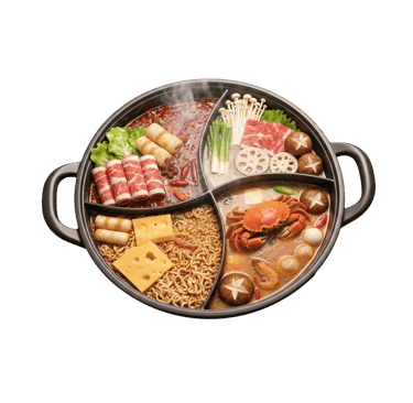 Vibrant overhead view of bubbling hotpots with fresh meats, vegetables, and dipping sauces on a dining table.