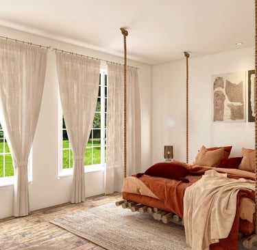 FayNza : Lit suspendu en bois brut avec linge de lit terracotta et lin dans une chambre lumineuse