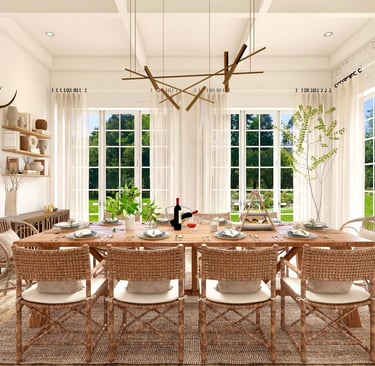 FayNza, Grande salle à manger lumineuse avec table en bois massif et chaises en rotin