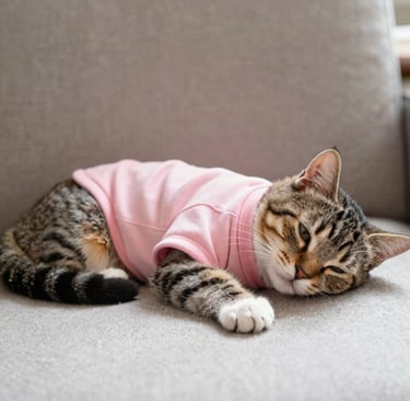Gato atigrado acostado cómodamente vistiendo una sudadera rosa pastel de confección artesanal.