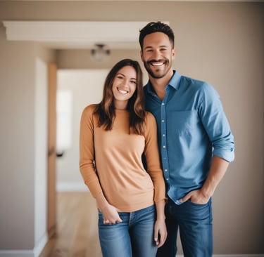 Image of a smiling couple standing proudly in front of their refurbished kitchen.