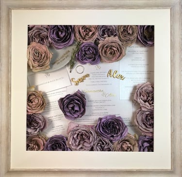 memory box full of preserved wedding flowers, place names, rings and a Kippah