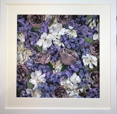 a flower wall style preserved wedding bouquet with gorgeous lavender hydrangeas in a frame